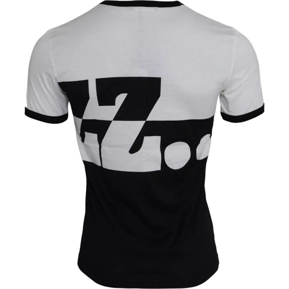 Zwart-wit jazzprint katoenen T-shirt met korte mouwen