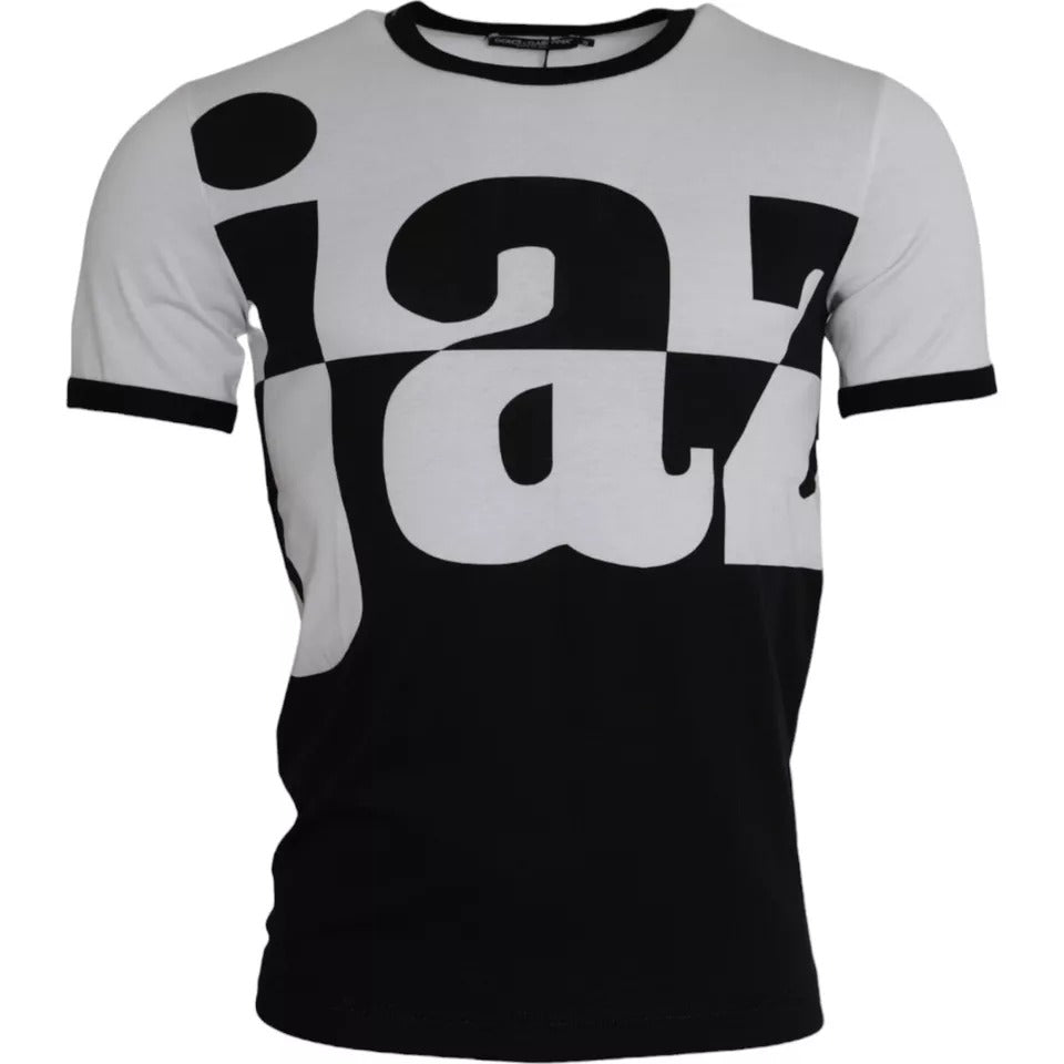 Zwart-wit jazzprint katoenen T-shirt met korte mouwen