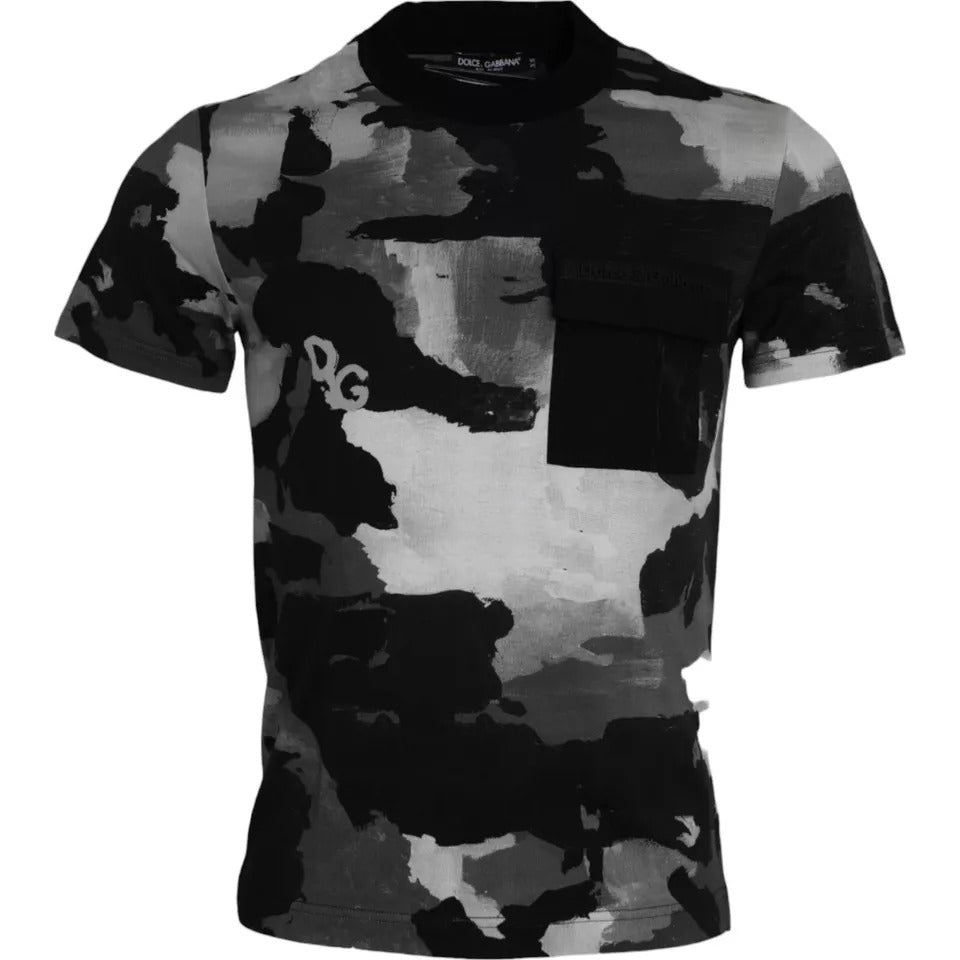 Veelkleurig camouflage katoenen T-shirt met ronde hals