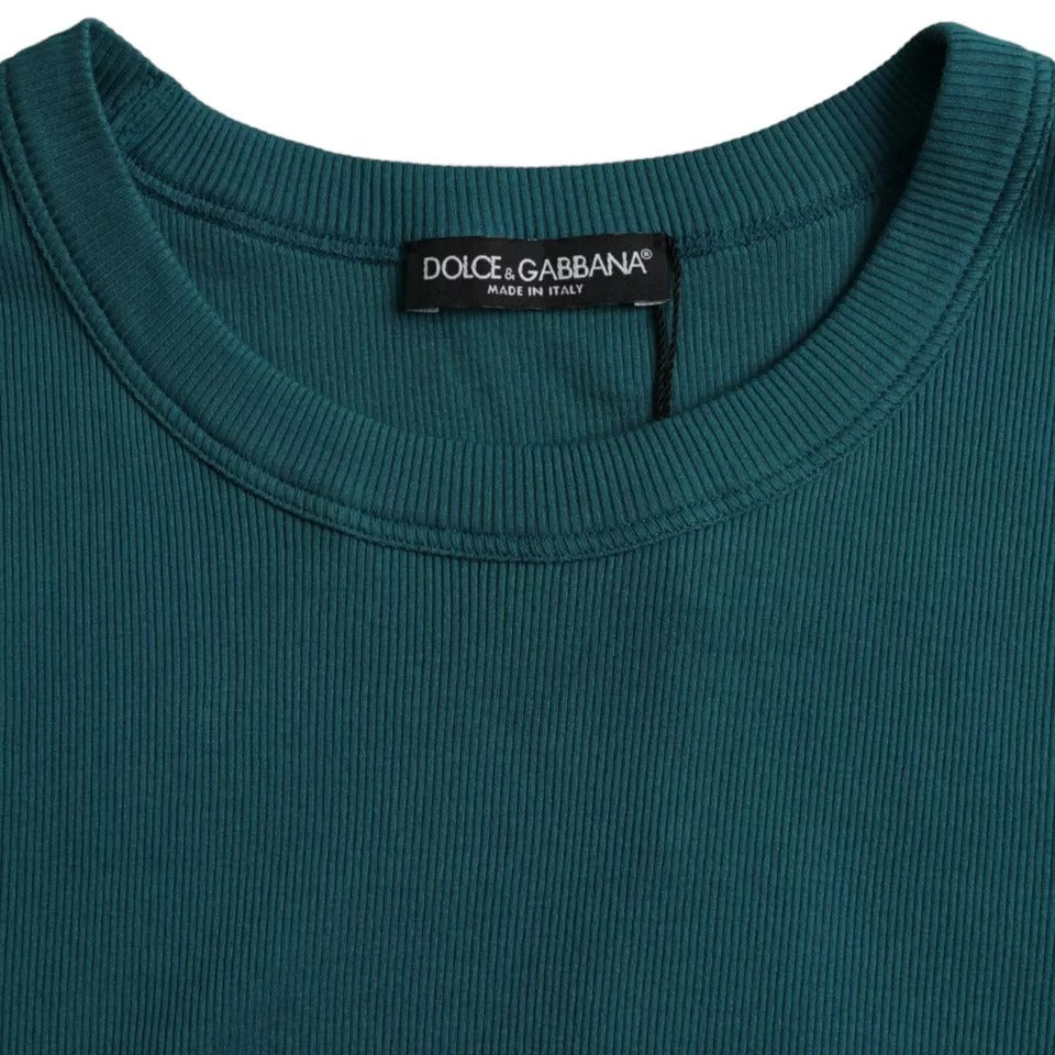 Blauwgroen katoenen T-shirt met ronde hals en korte mouwen