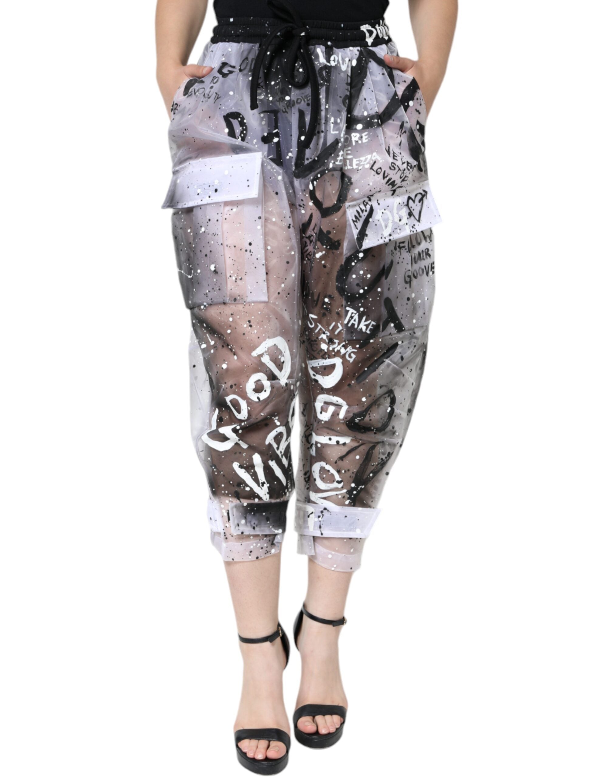 Witte doorzichtige cropped cargobroek met logo