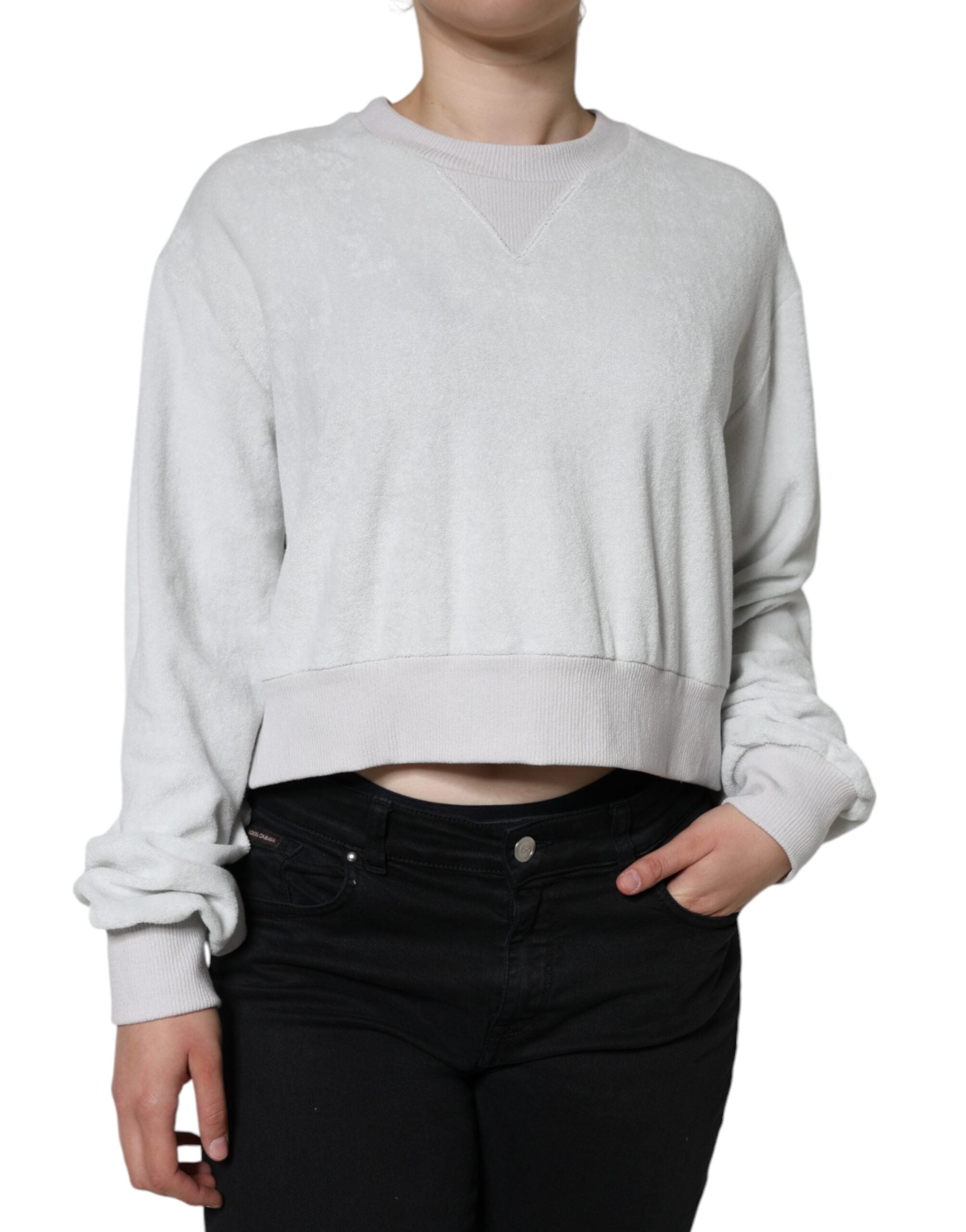 Witte nylon stretch trui met ronde hals