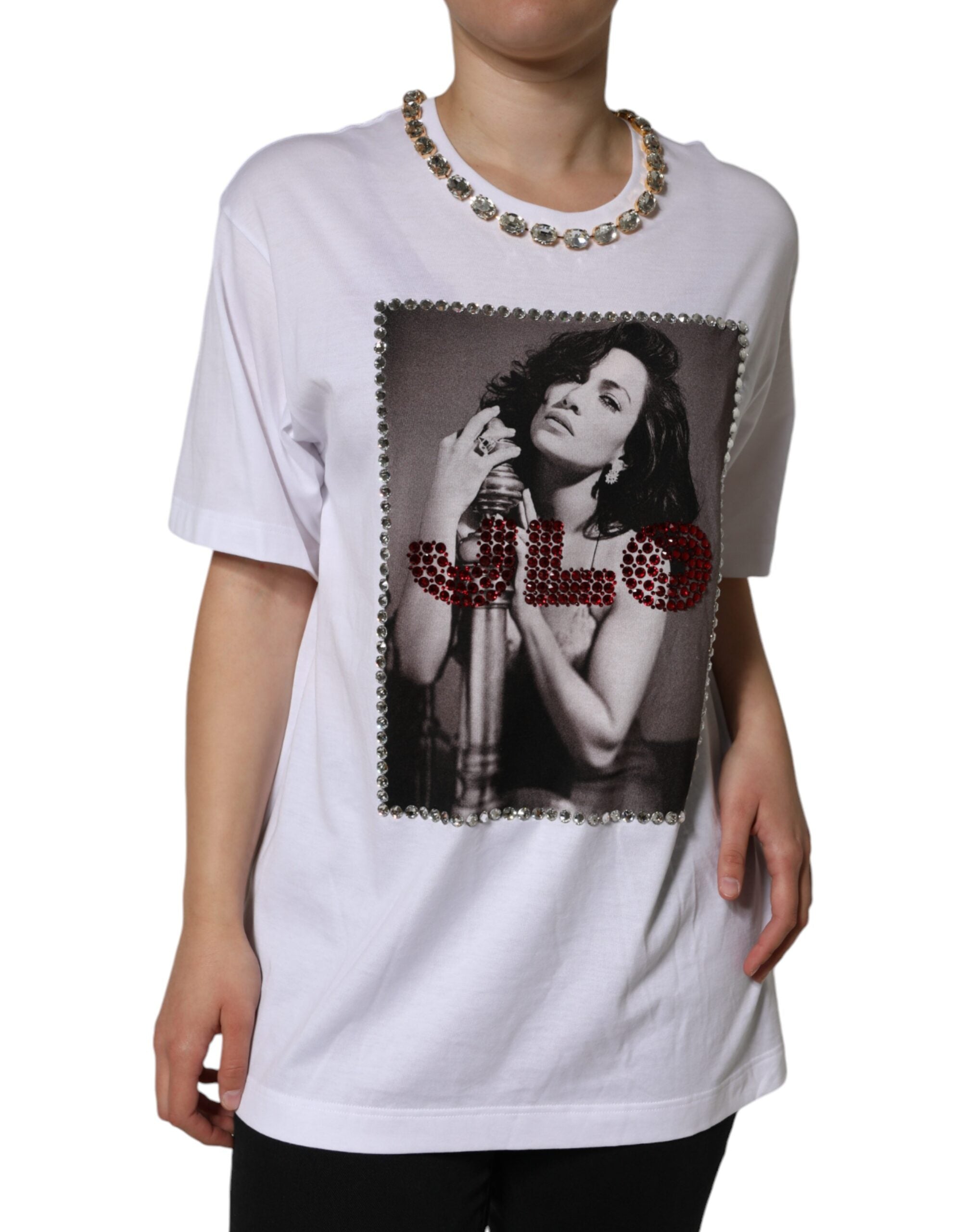 Wit T-shirt met kristallen halslijn en print