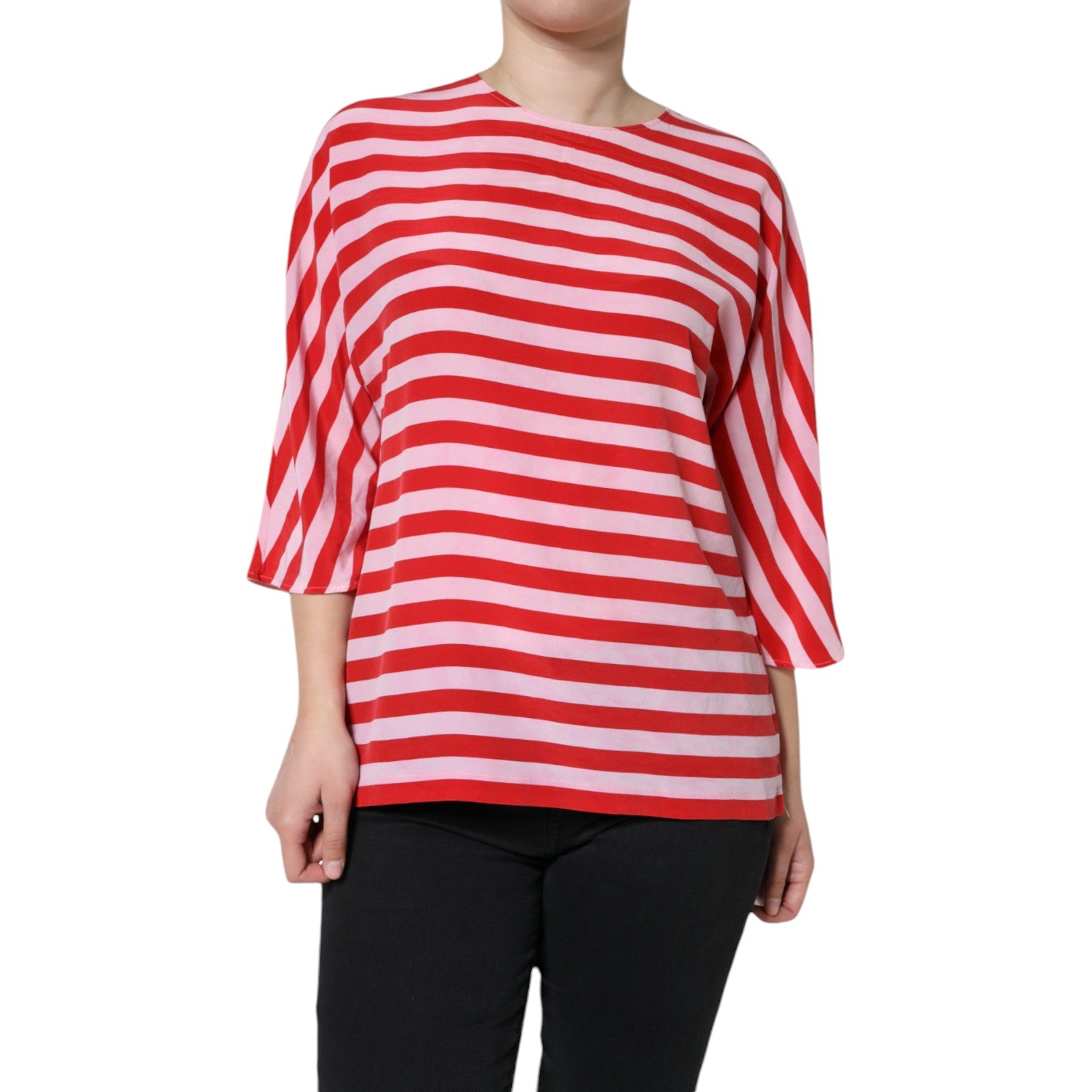 Wit rood gestreept zijden T-shirt met ronde hals