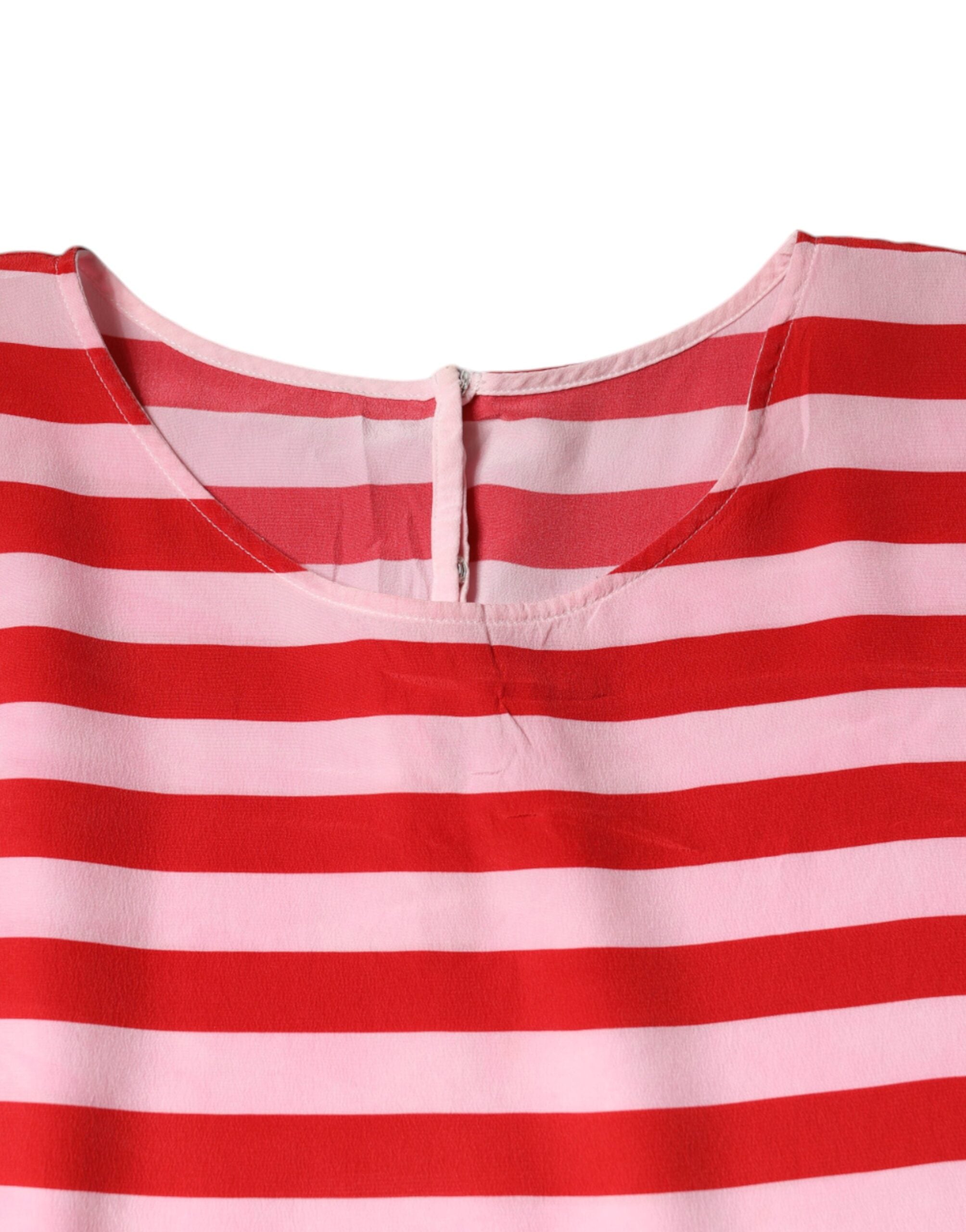Wit rood gestreept zijden T-shirt met ronde hals