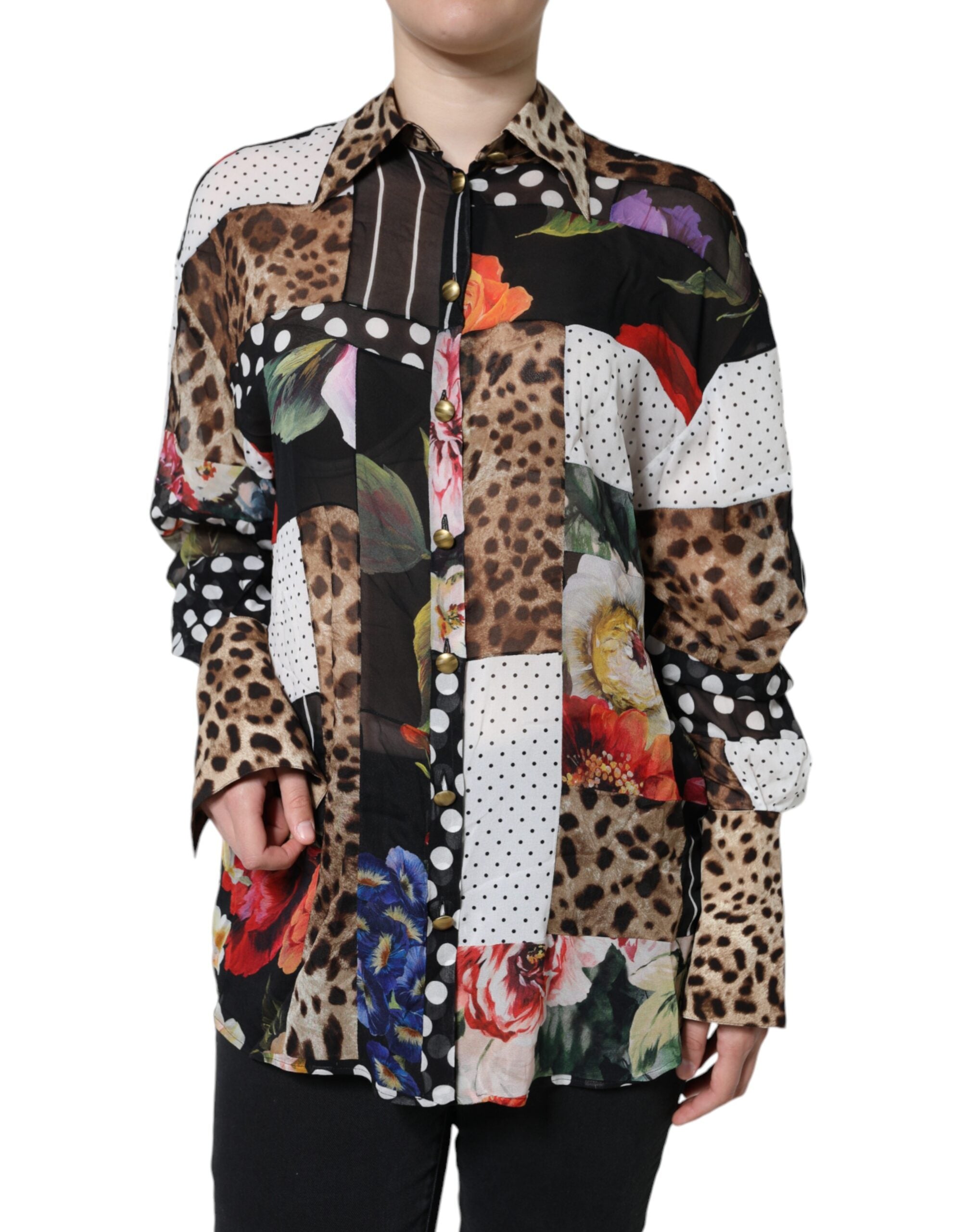 Veelkleurige patchwork zijden blouse met kraag