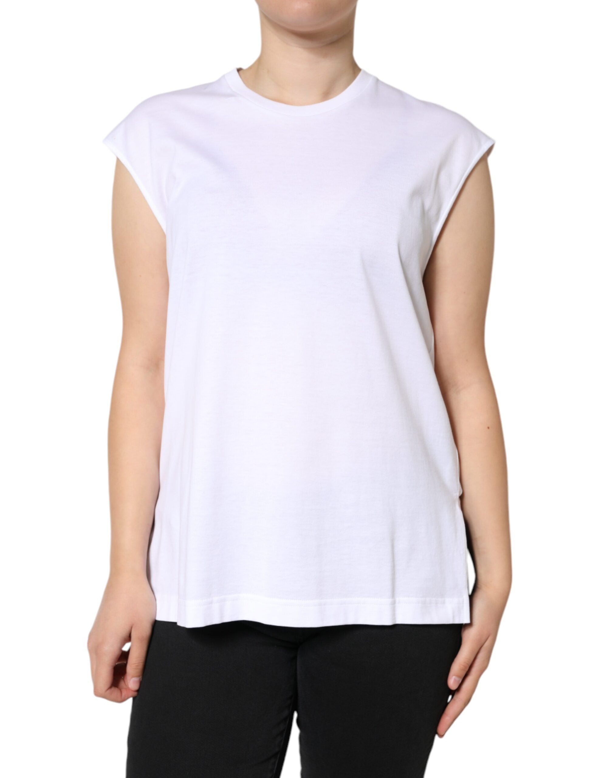 Wit katoenen mouwloos T-shirt met ronde hals