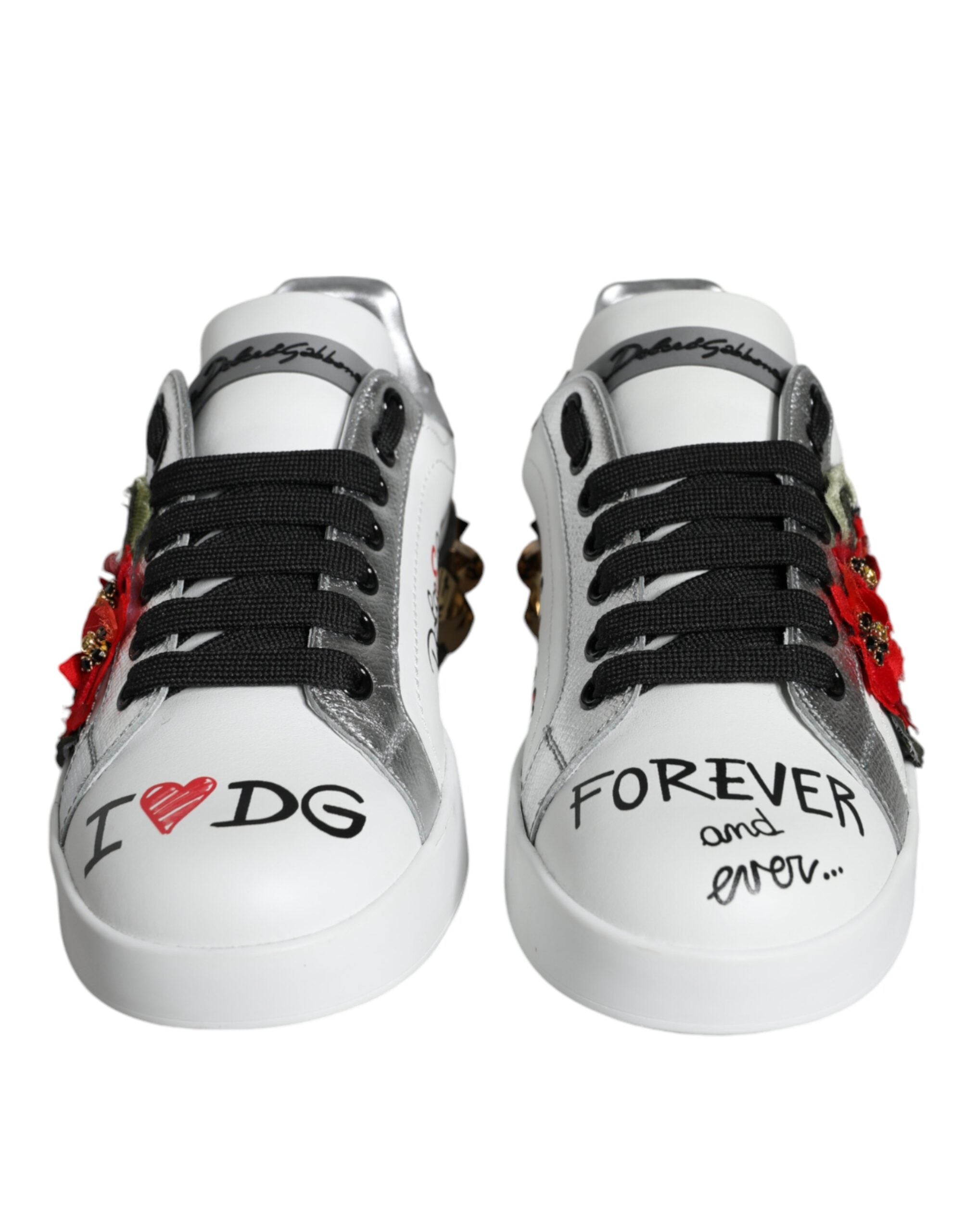 Witte leren sneakers met bloemen en studs