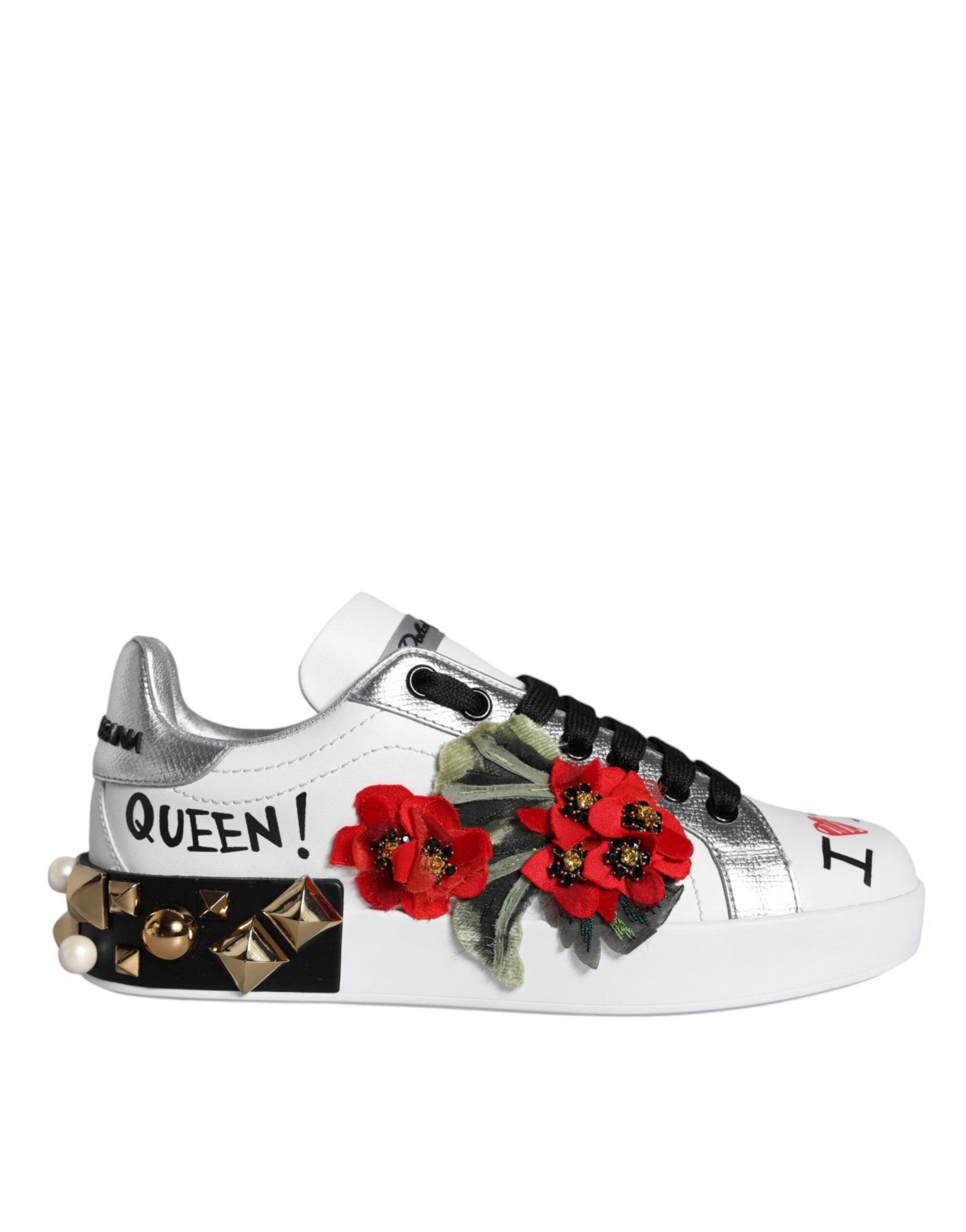 Witte leren sneakers met bloemen en studs