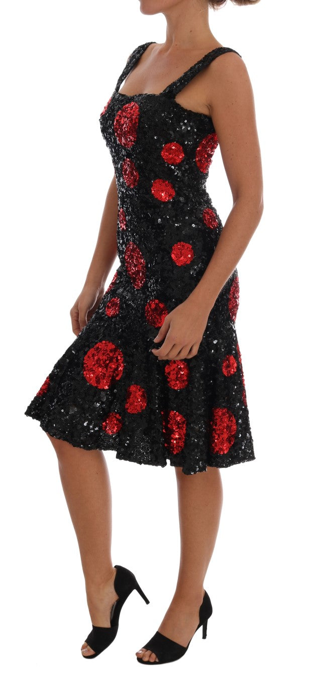 Zwarte rode polkadot pailletten shiftjurk