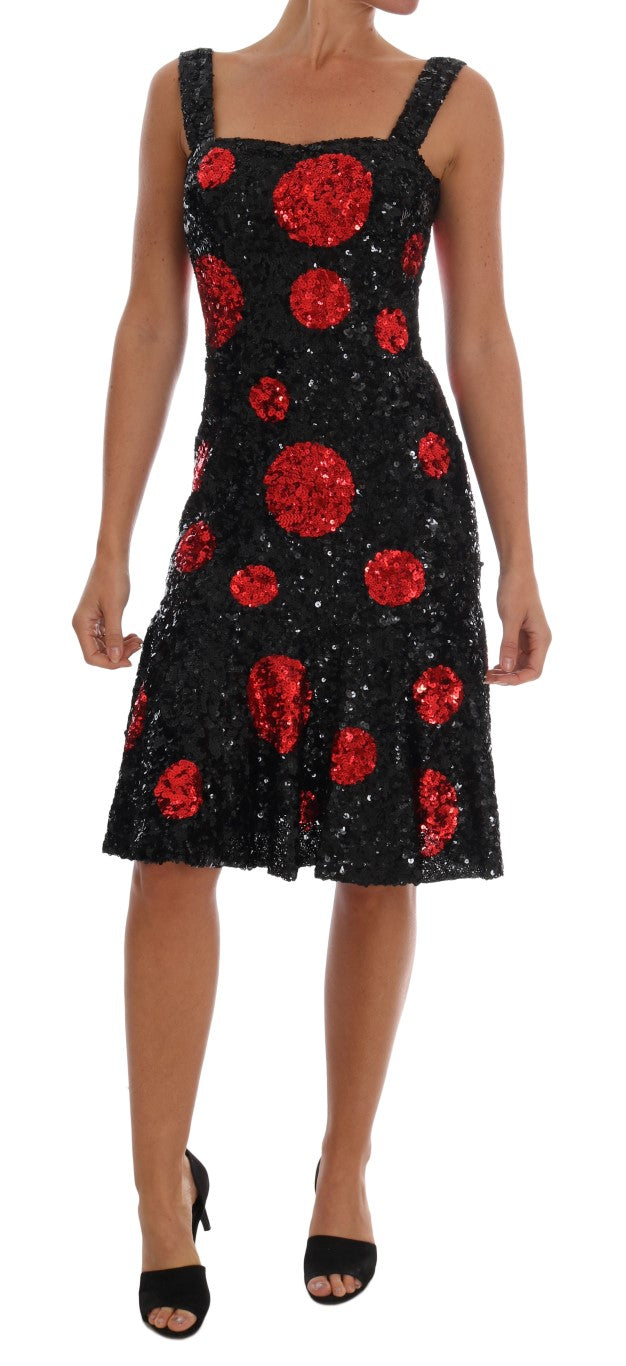 Zwarte rode polkadot pailletten shiftjurk