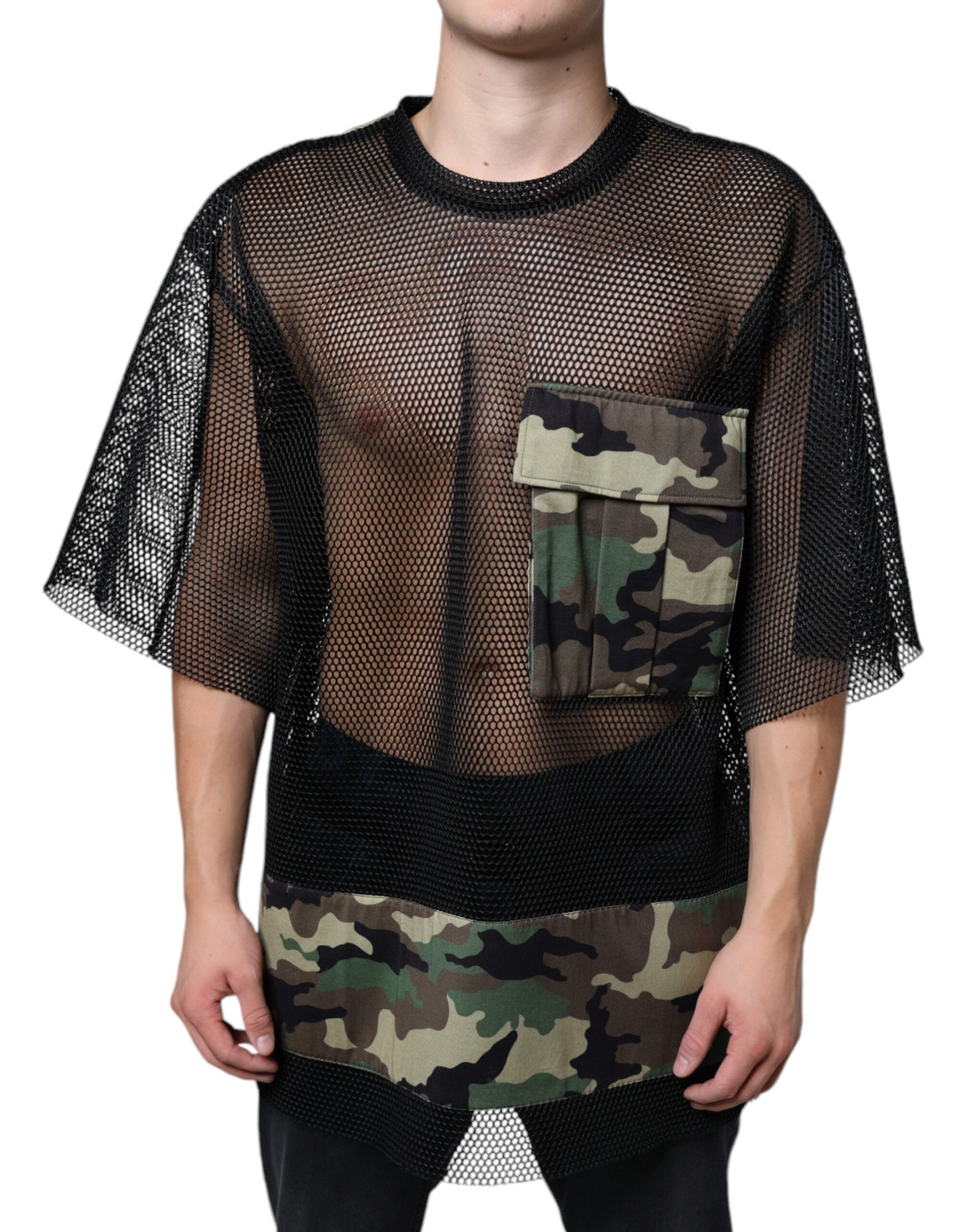 Zwart mesh camouflage T-shirt met korte mouwen
