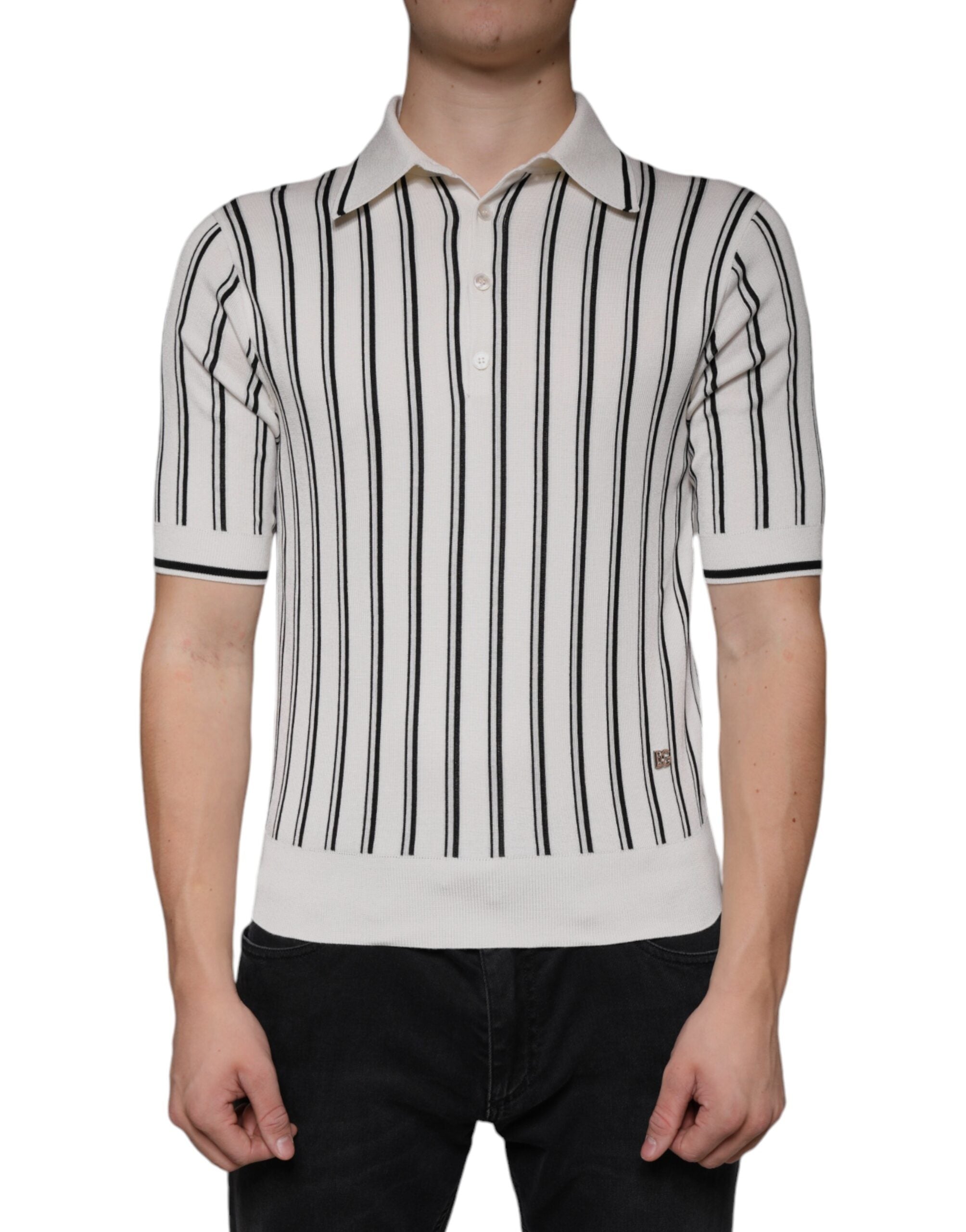 Wit zwart gestreept poloshirt met korte mouwen