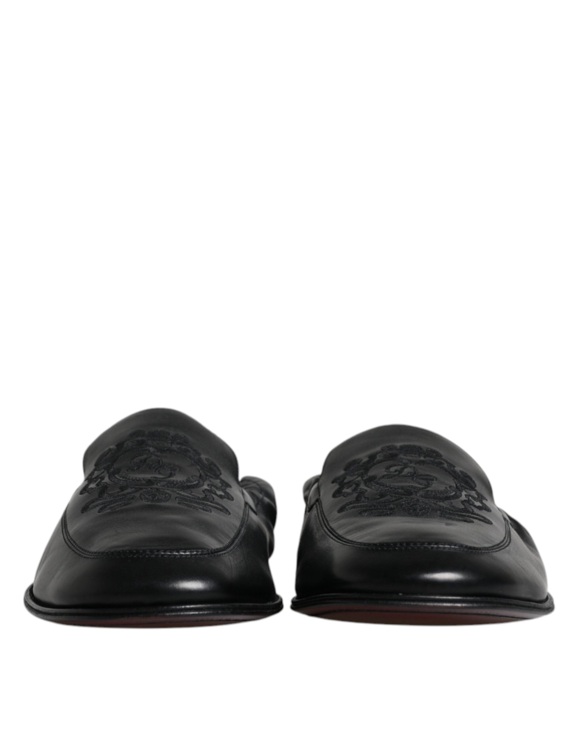 Zwarte leren loafers met geborduurd logo voor heren