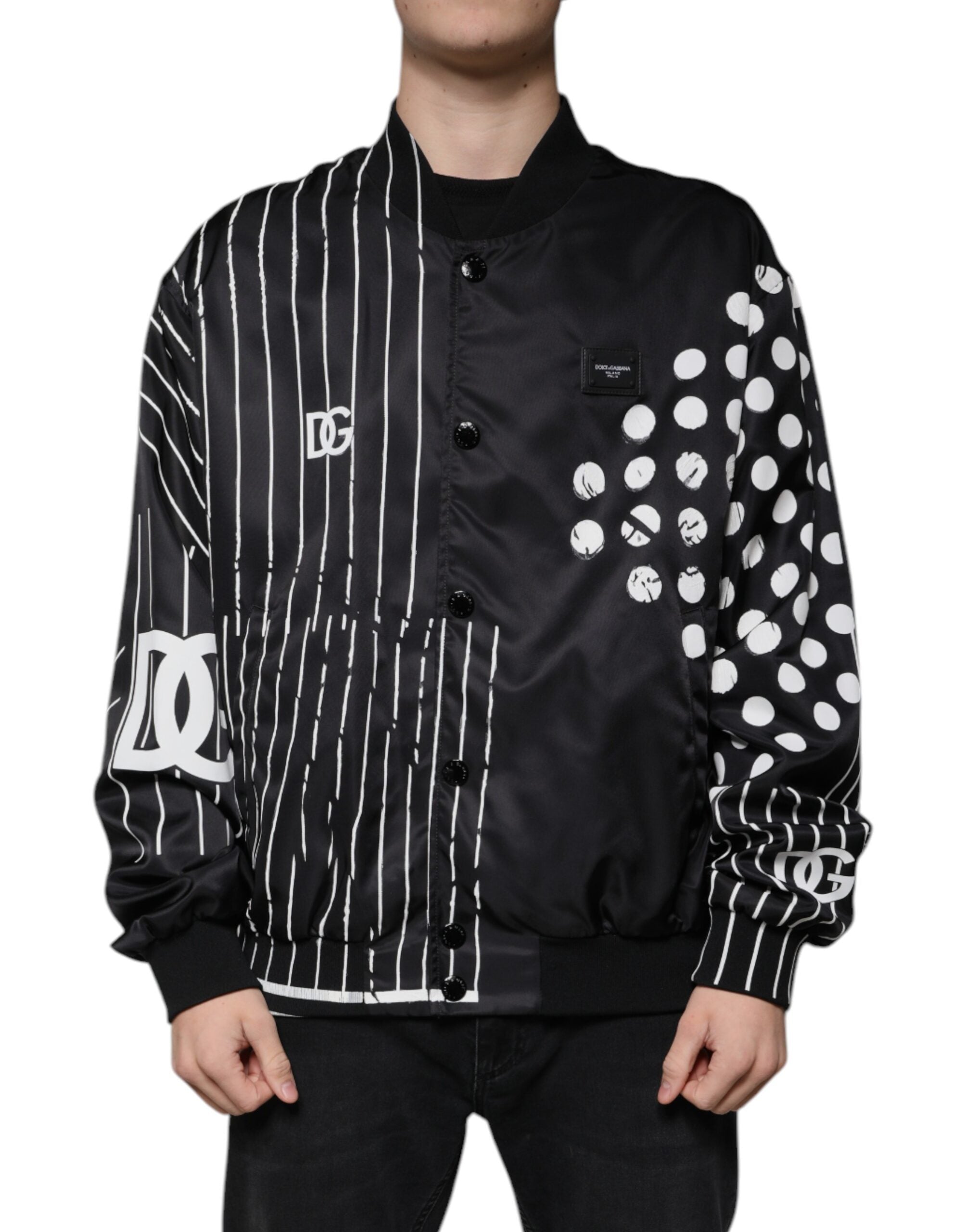 Zwarte nylon bomberjack met stippenstreep