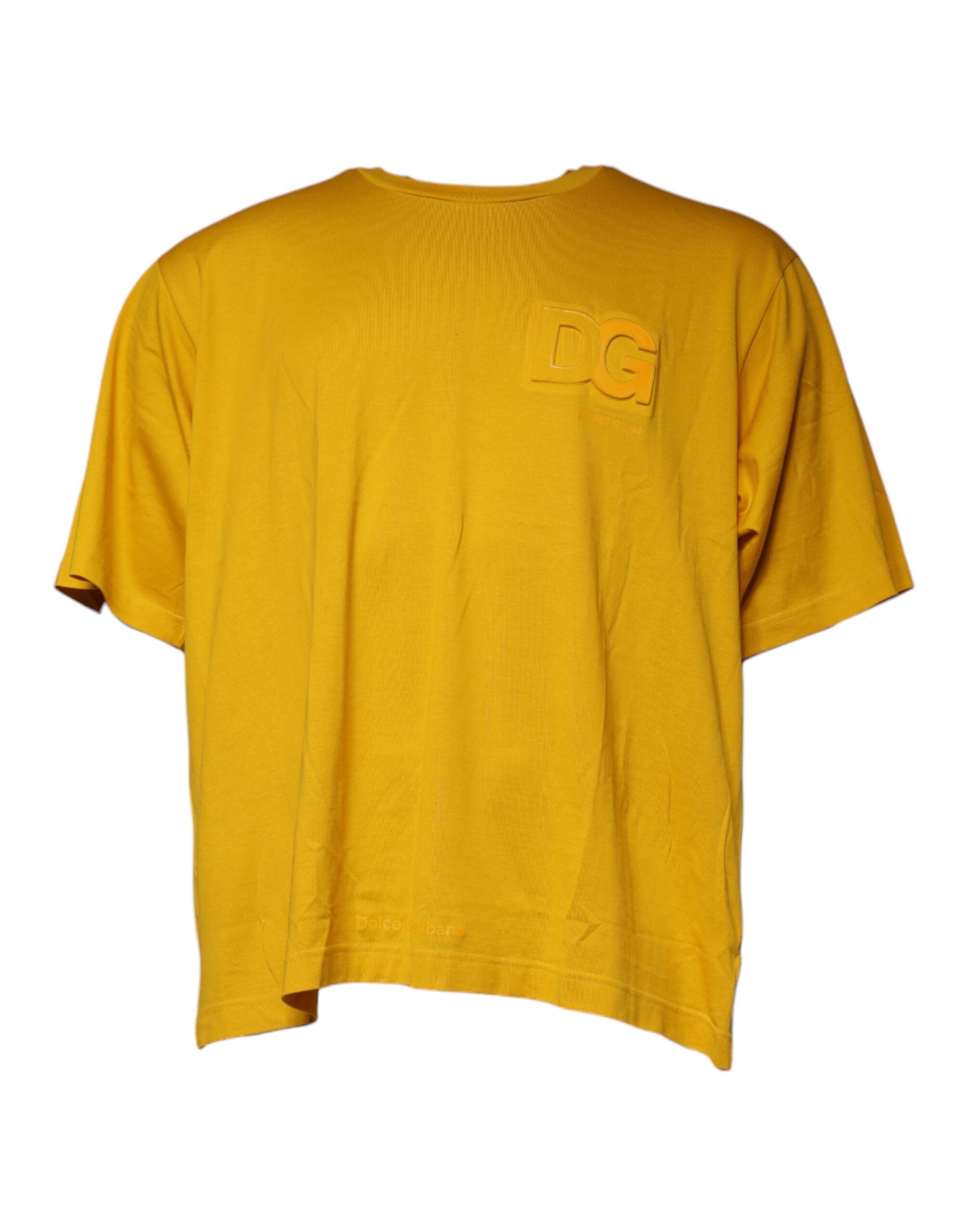 Mosterdkleurig T-shirt met ronde hals en reliëflogo