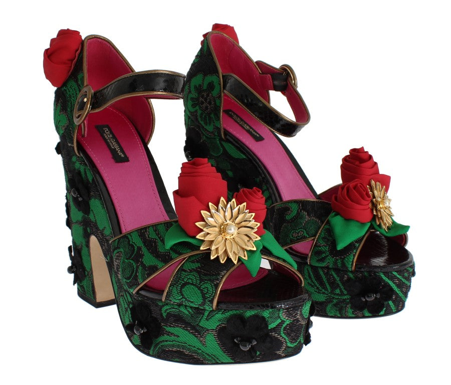 Groene brokaat slangenhuid rozen kristal schoenen