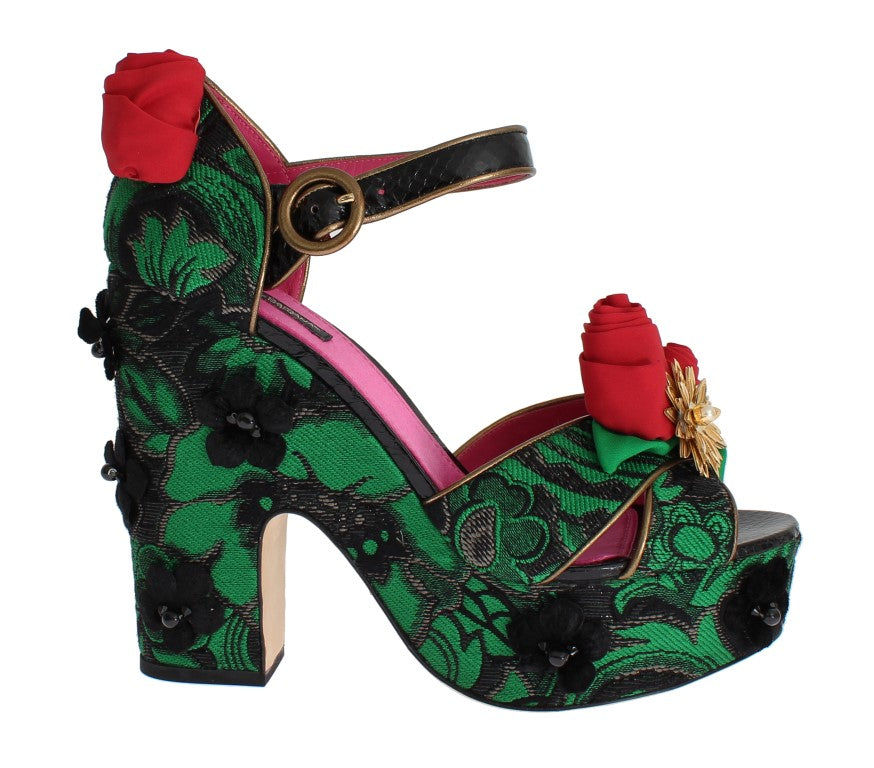 Groene brokaat slangenhuid rozen kristal schoenen