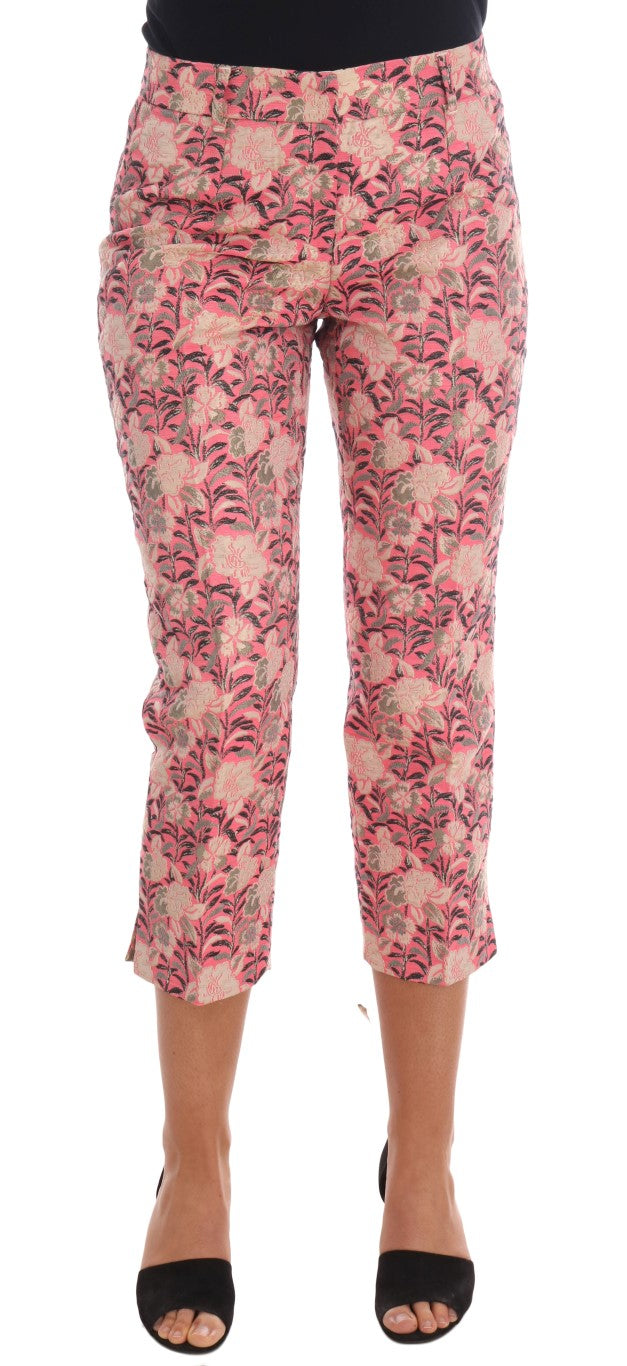 Roze bloemen brokaat capribroek