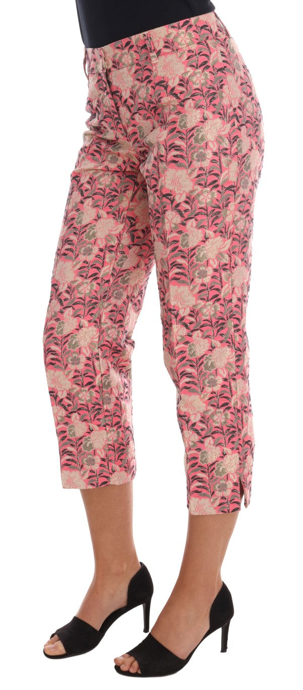 Roze bloemen brokaat capribroek