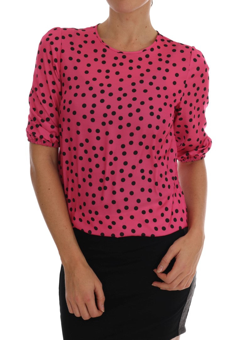 Roze zijden blouse met stippen