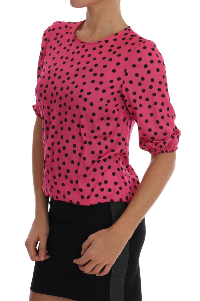 Roze zijden blouse met stippen