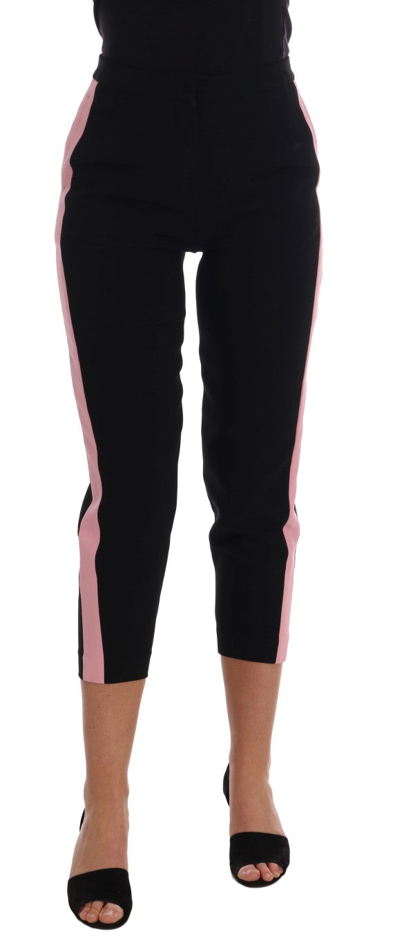Zwarte stretch capribroek met roze strepen