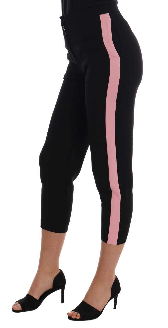 Zwarte stretch capribroek met roze strepen