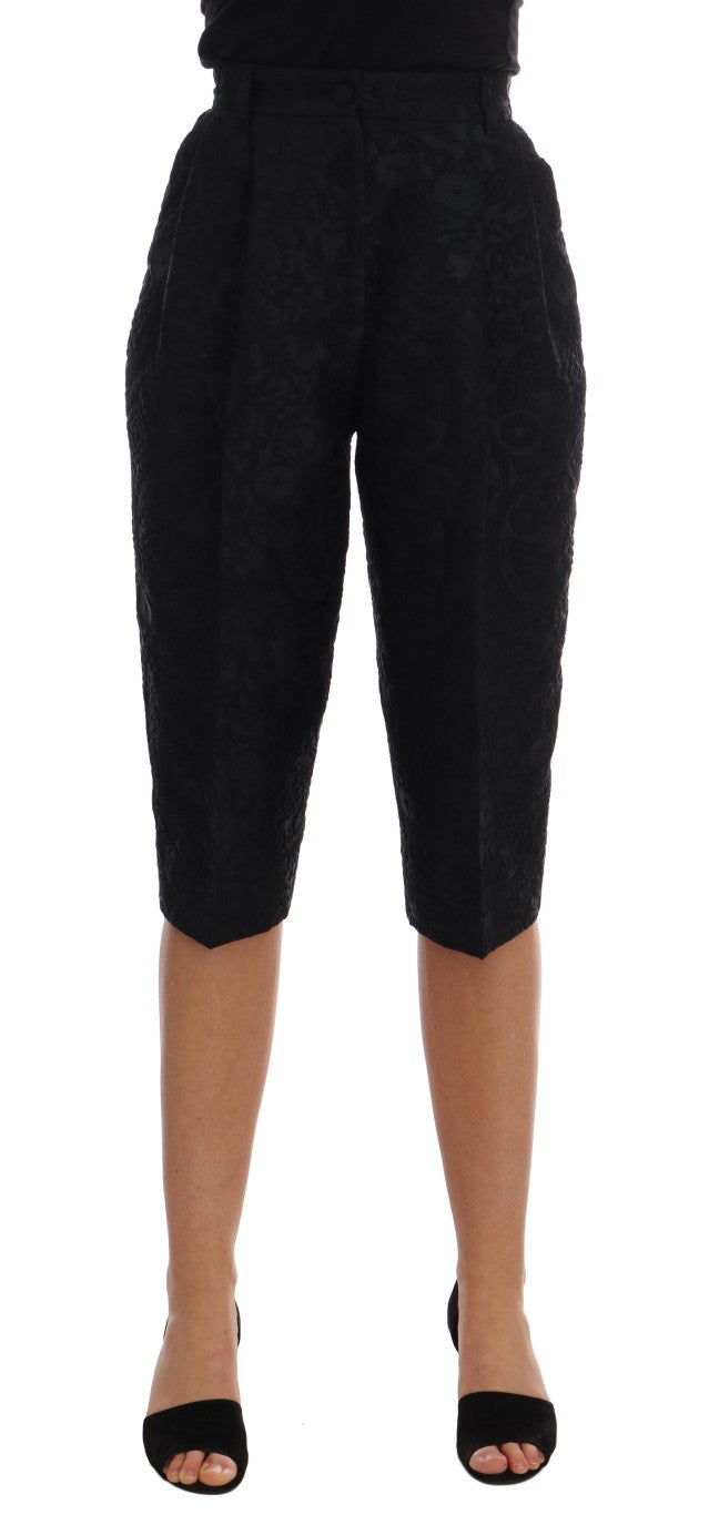 Zwarte brokaat capri shorts met hoge taille