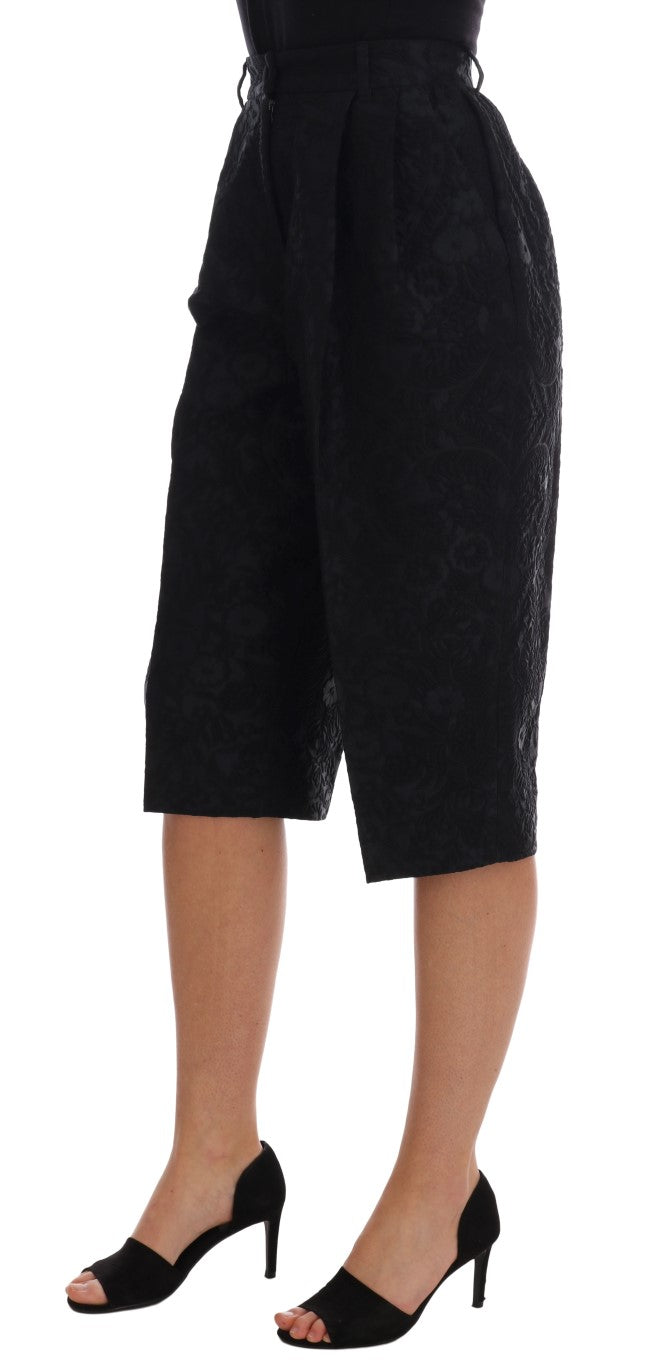 Zwarte brokaat capri shorts met hoge taille