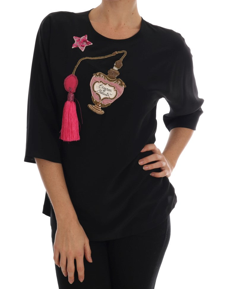 Zwarte zijden sprookjestop met kristallen blouse