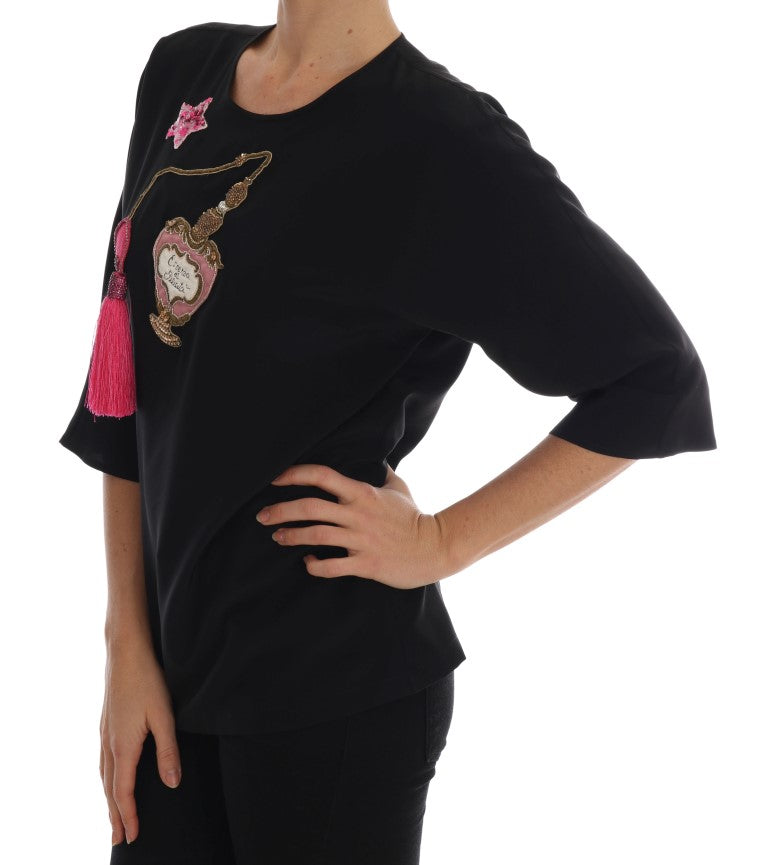 Zwarte zijden sprookjestop met kristallen blouse