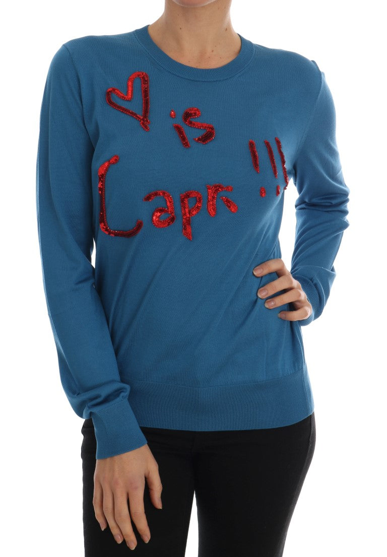 Blauwe zijden Love is Pullover trui