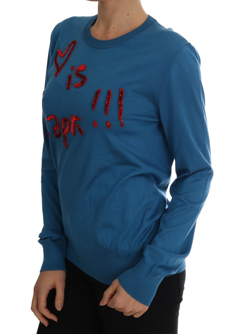 Blauwe zijden Love is Pullover trui