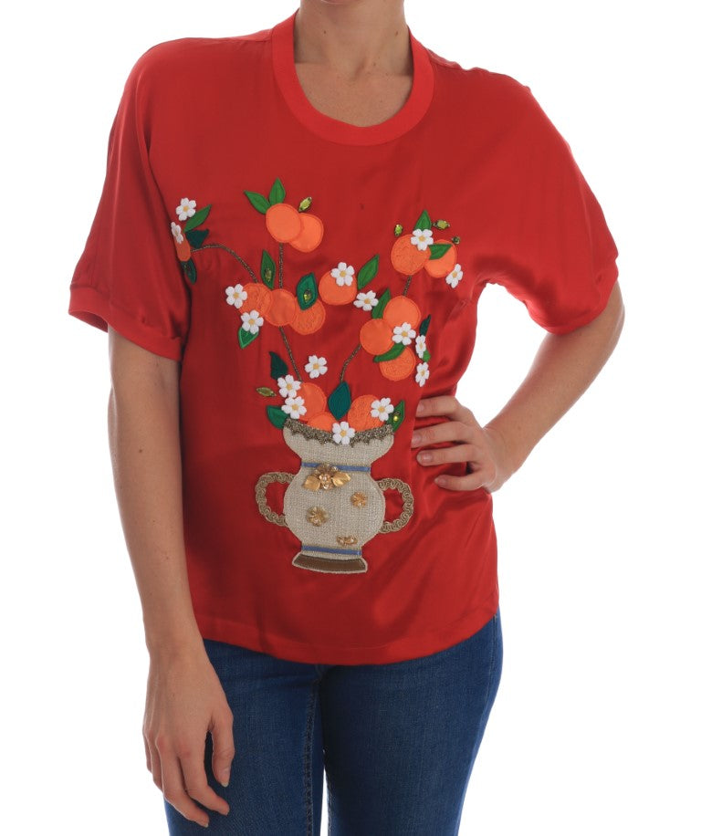 Rode zijden sinaasappel-bloemkristal blouse