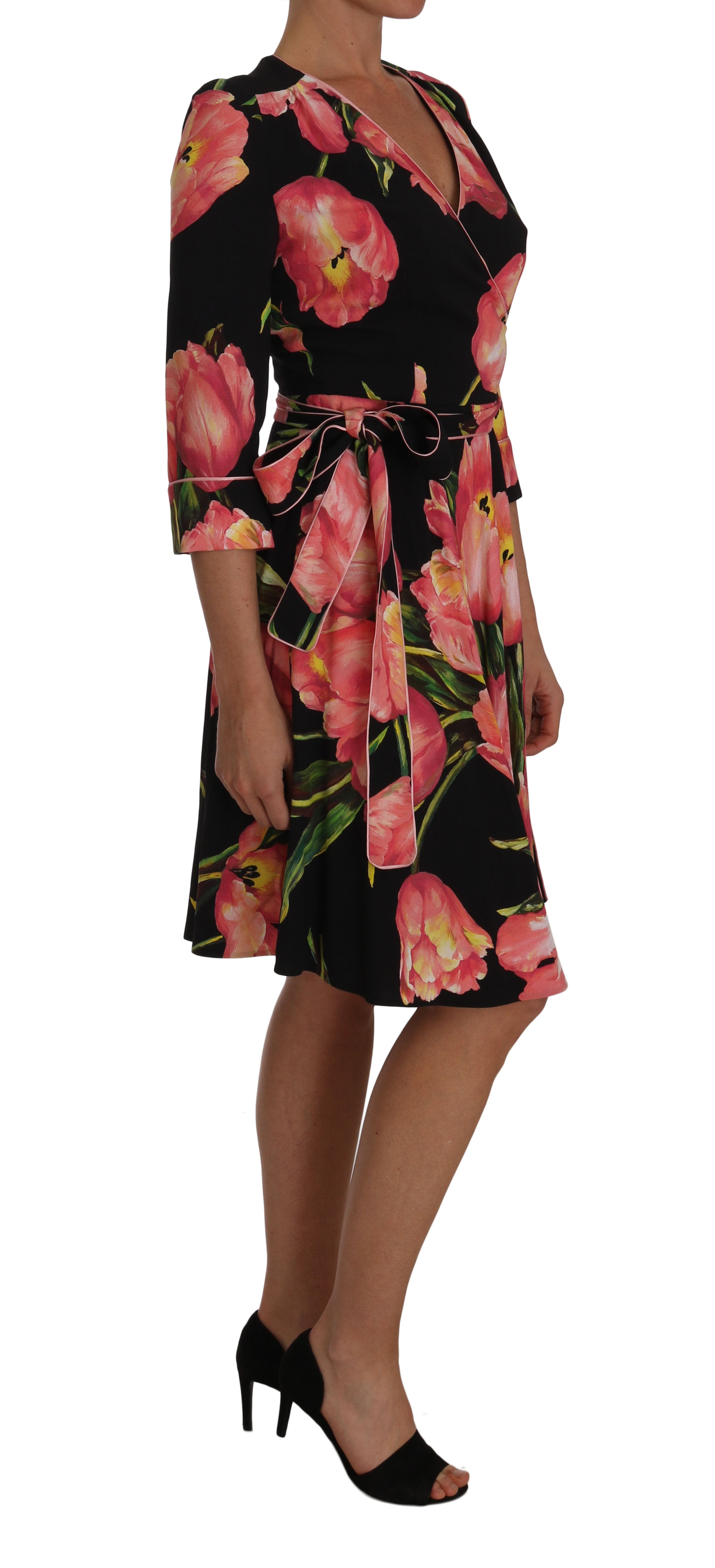 Zwarte roze tulpprint stretch shiftjurk