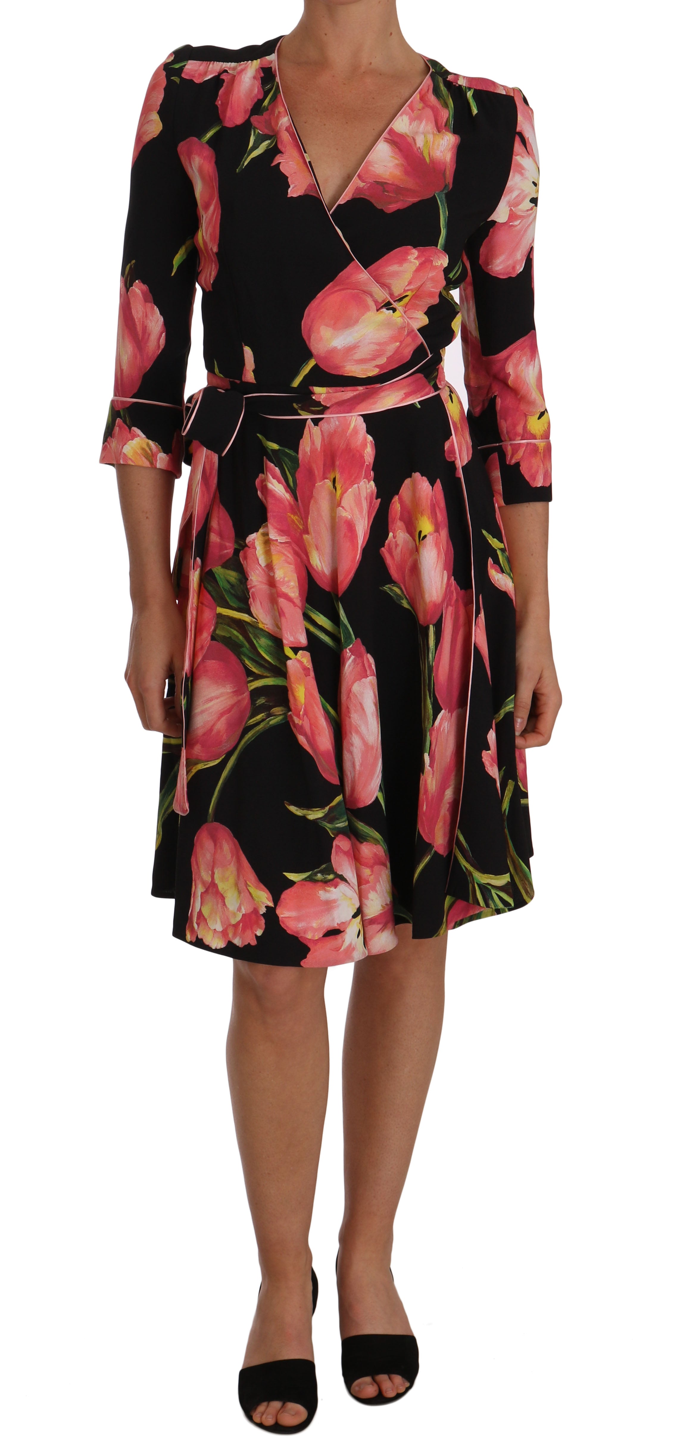 Zwarte roze tulpprint stretch shiftjurk