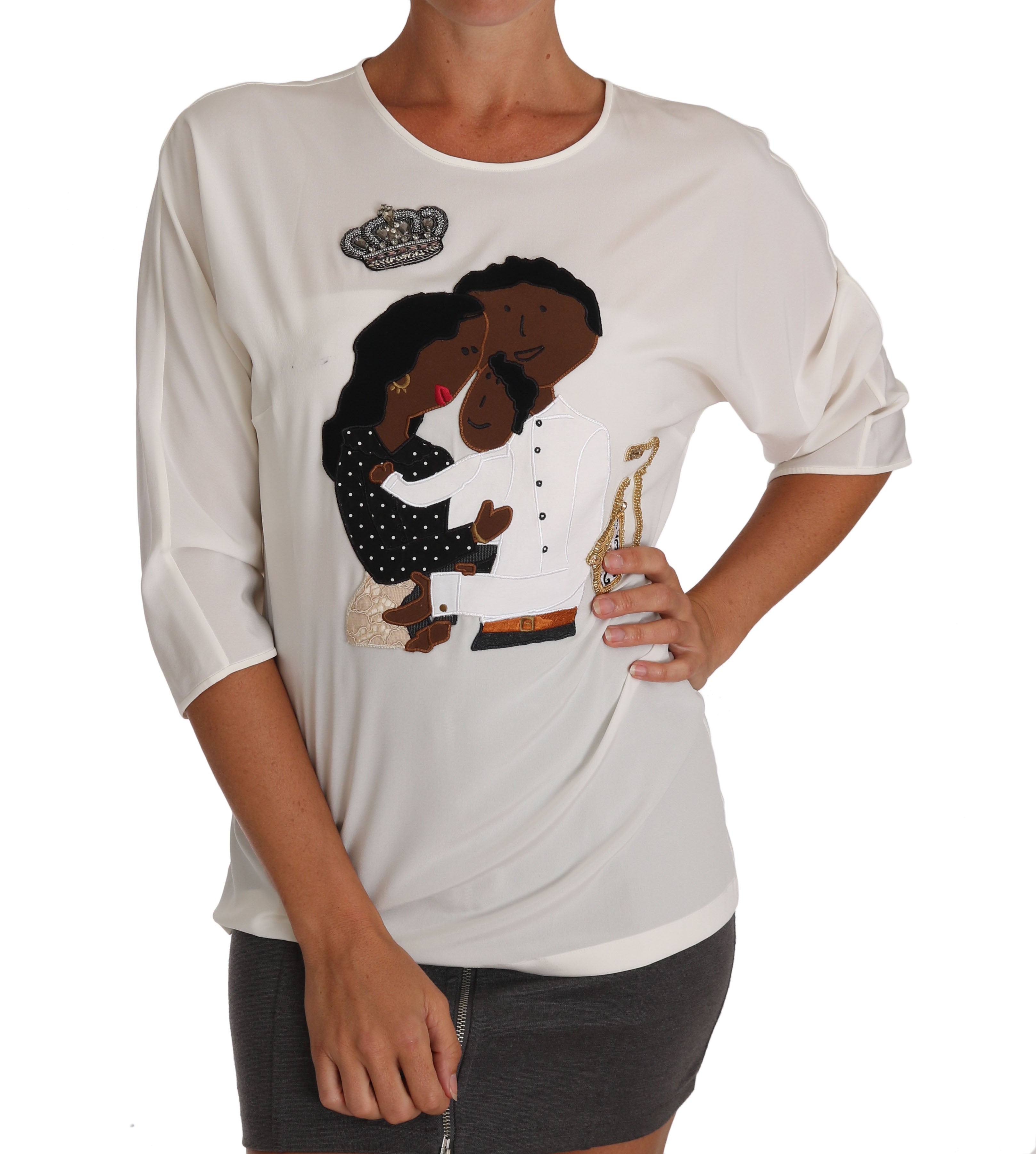 Wit zijden #dgfamily kristal T-shirt
