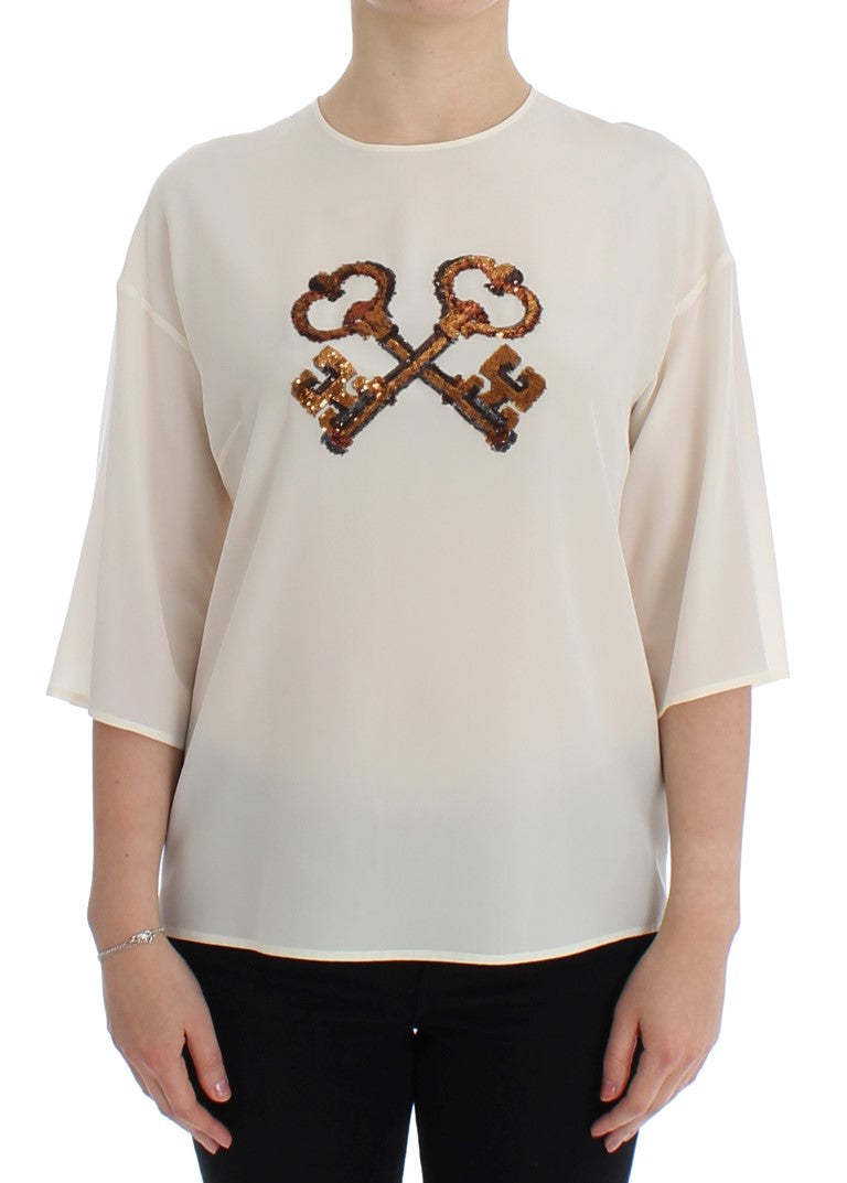 Witte blouse met pailletten en sleutelzijde, T-shirttop