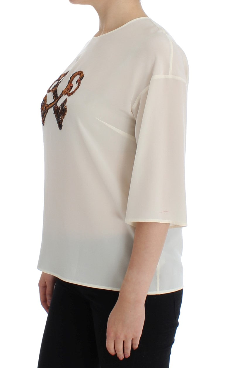 Witte blouse met pailletten en sleutelzijde, T-shirttop