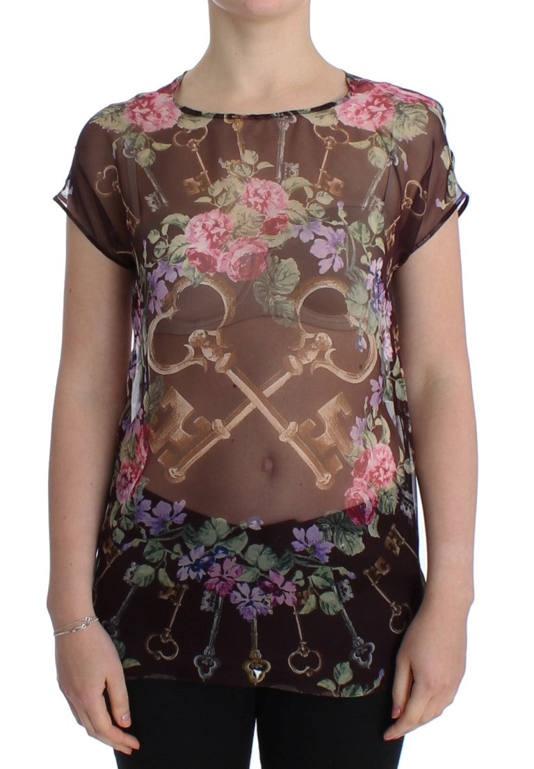 Zwarte Key bloemenprint zijden blouse T-shirt