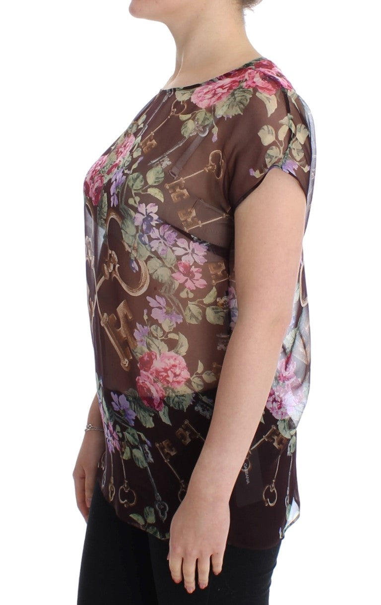 Zwarte Key bloemenprint zijden blouse T-shirt