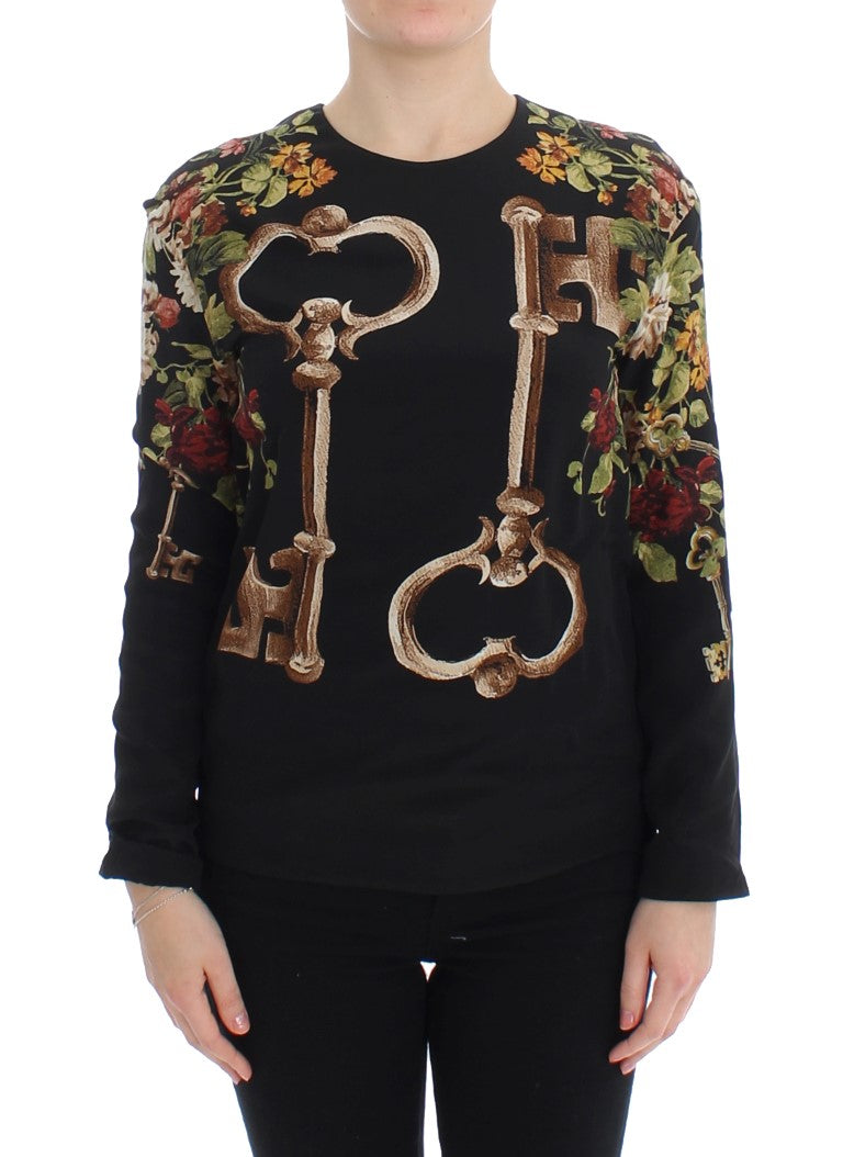 Zwarte blouse met bloemenprint van zijde
