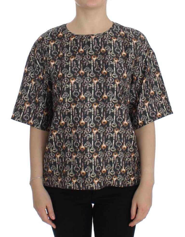 Grijs gouden sleutelprint zijden blouse T-shirt