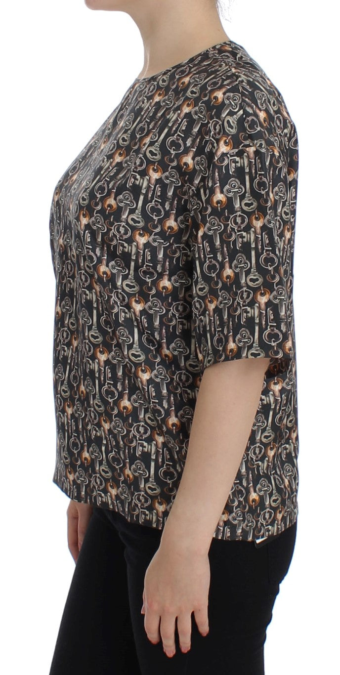 Grijs gouden sleutelprint zijden blouse T-shirt