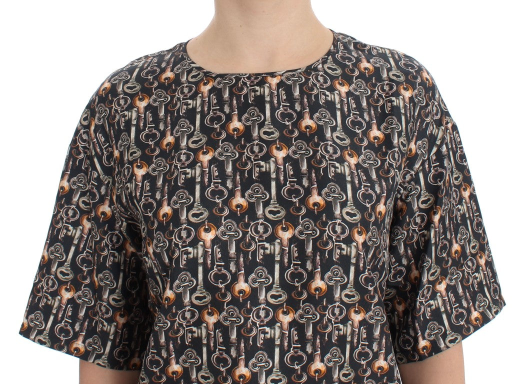 Grijs gouden sleutelprint zijden blouse T-shirt