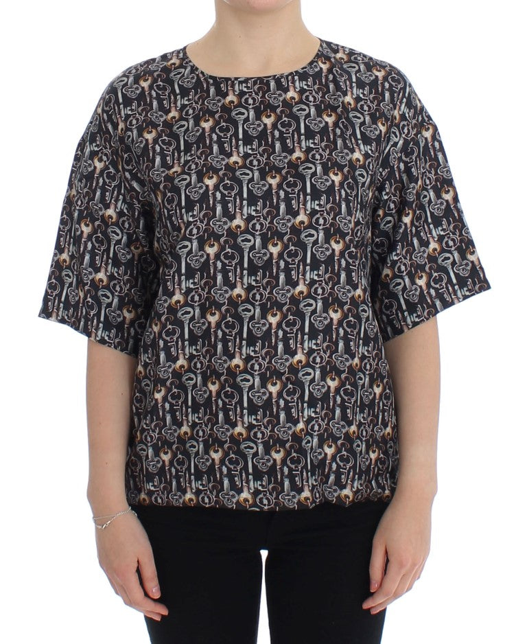 Grijs gouden sleutelprint zijden blouse T-shirt