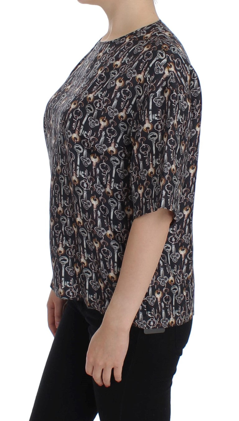 Grijs gouden sleutelprint zijden blouse T-shirt