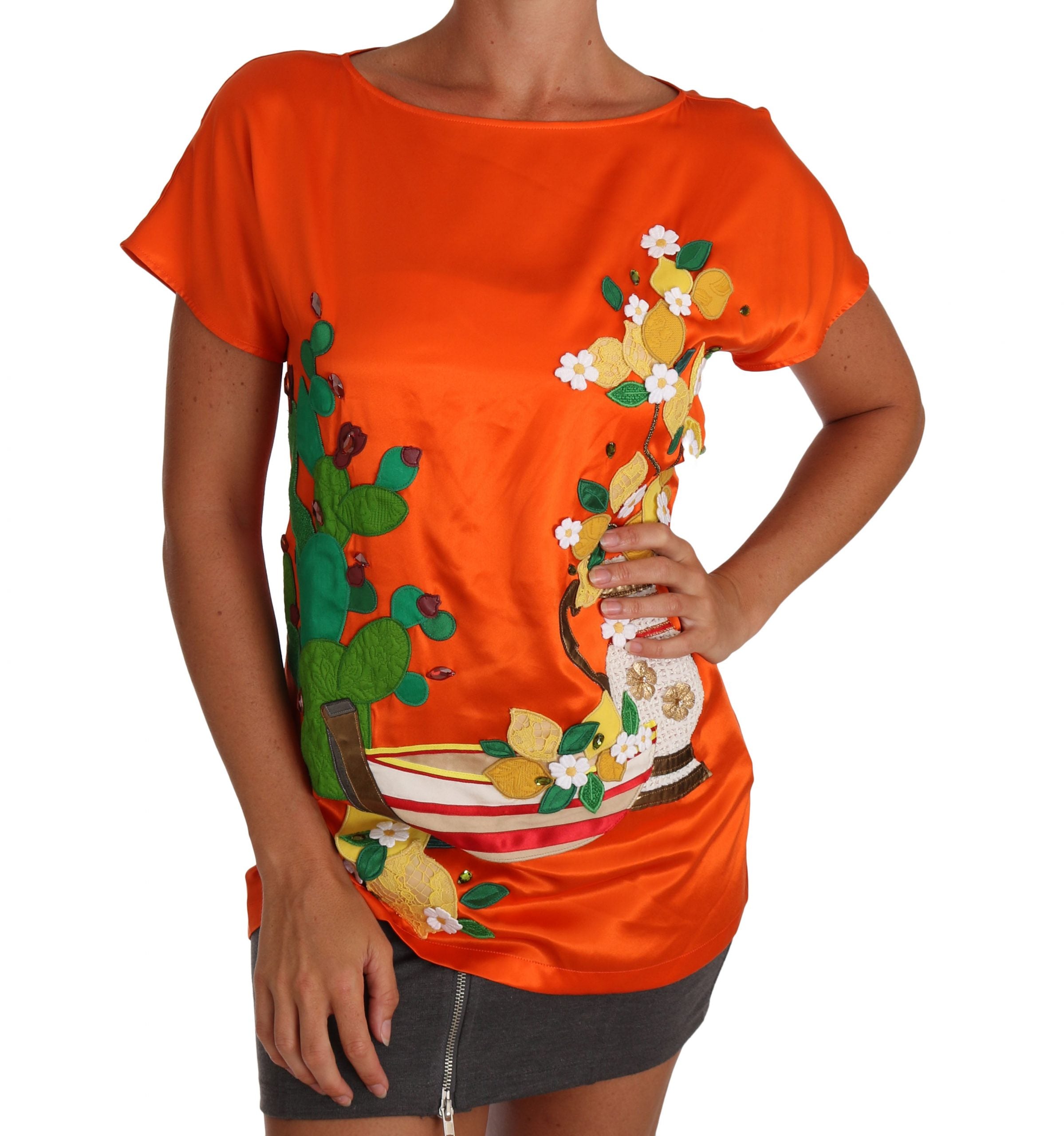 Zijden oranje citroen kristal T-shirt top