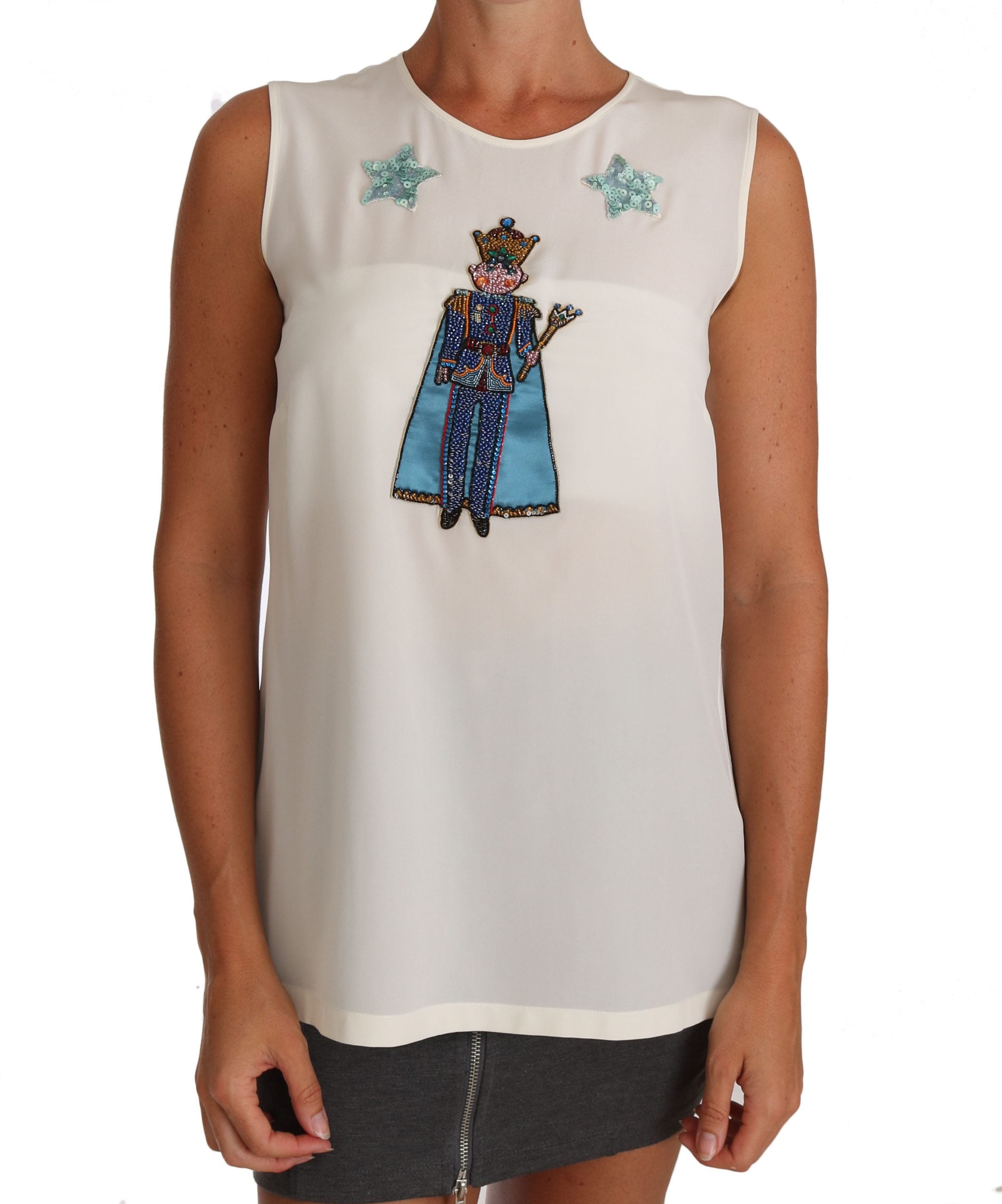 Wit zijden T-shirt met kristallen pailletten en feeënmotief